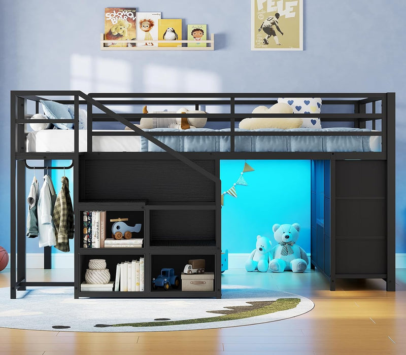 Low Loft Bed Twin Size with Stairs & LED Lights, Kids Loft Bed with 7 Storage Drawers & 3 Open Cubbies & Handy Clothes Rail, Twin Loft Bed with Safety Guardrail, Under-Bed Play Area, Black