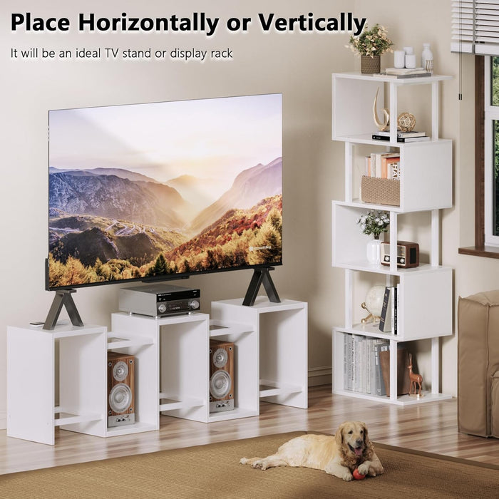 White Geometric Bookshelf 6 Tier S-Shaped Bookcase, Tall Modern Display Storage Shelf, Metal and Wood Decorative Freestanding Room Divider Shelves for Bedroom, Living Room, Office