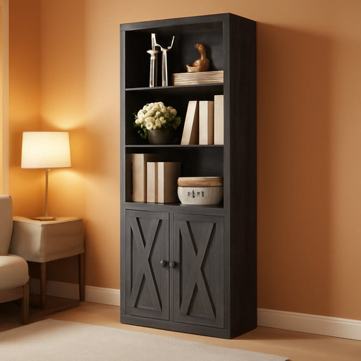 Industrial Bookshelves and Bookcases with Doors 11.8 in Depth Floor Standing 5 Shelf Display Storage Shelves Bookcase Home Decor Furniture for Home, Office, Living Room, Bedroom