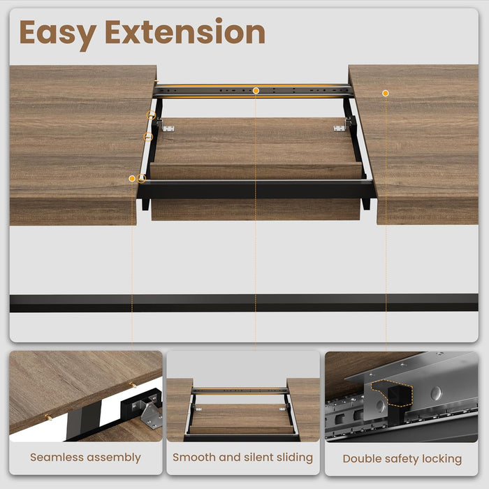 63-83" Extendable Dining Table, Industrial Rectangular Dining Room Table for 6-8 People, Expandable Kitchen Table with Heavy Duty Metal Frame for Dining Room, Kitchen & Parties, Rustic Pear