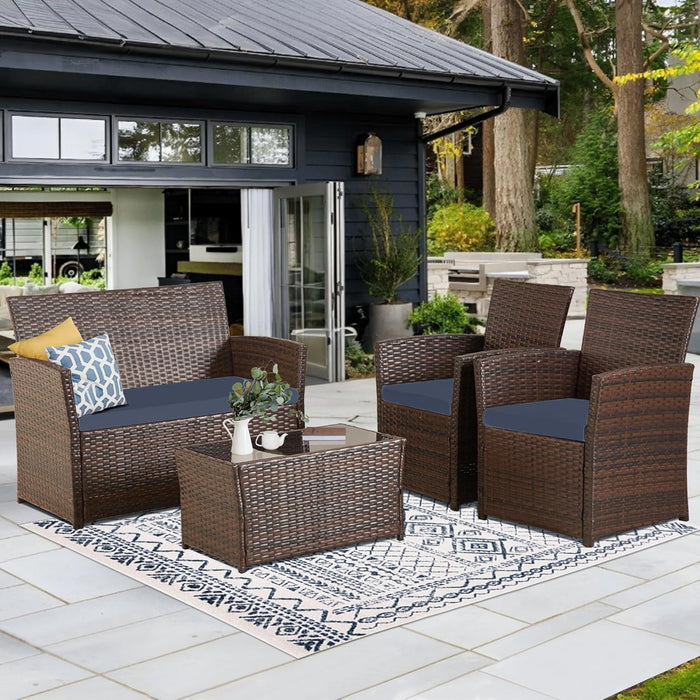 4 Piece Patio Furniture Set,Outdoor Wicker Conversation Sets,Rattan Sectional Sofa W/Coffee Table,Seat Cushions for Backyard Porch Garden Poolside (Gray/Blue)