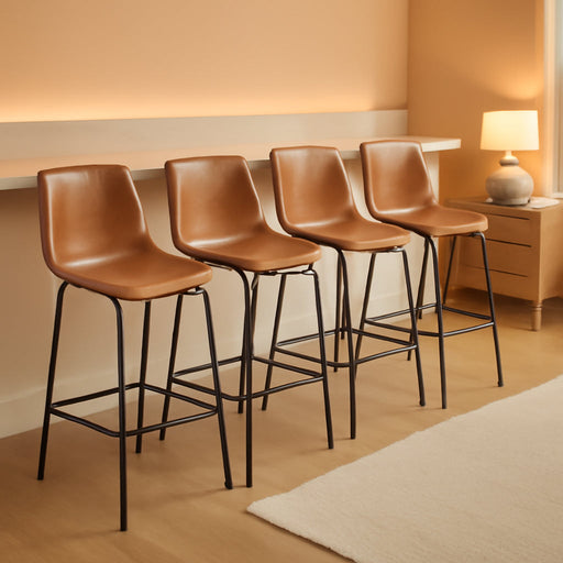 Bar Stools Set of 4, PU Leather Counter Height Bar Stools, 26" Modern Barstools with Metal Legs and Footrest, Urban Armless Dining Chairs with Backrest for Kitchen Island (Brown)
