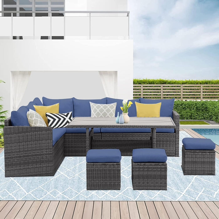 Outdoor Patio Furniture Set, 7 Piece Outdoor Dining Sectional Sofa with Dining Table and Chair, All Weather Wicker Conversation Set with Ottoman,Blue