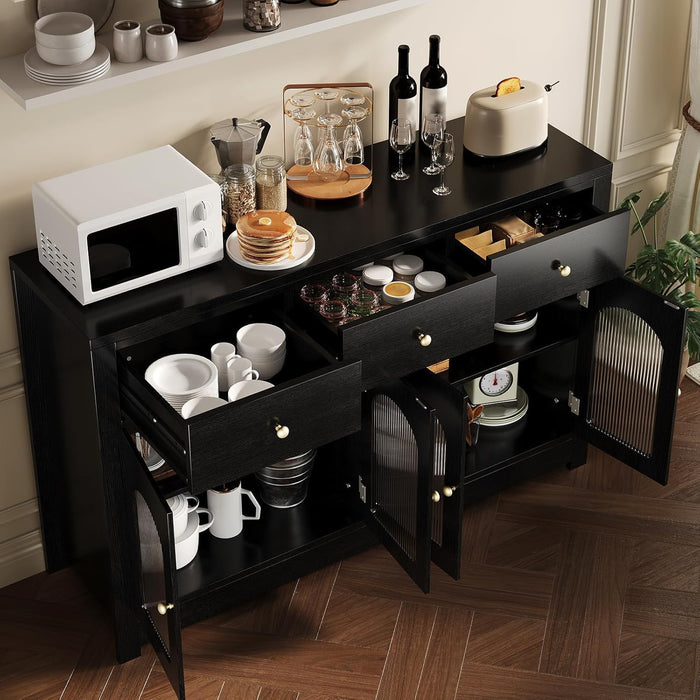 55'' Large Sideboard Buffet Cabinet with Storage, Farmhouse Wood Coffee Bar with Drawers, Narrow Kitchen Buffet Storage Cabinet for Living Room Dining Room (Black)