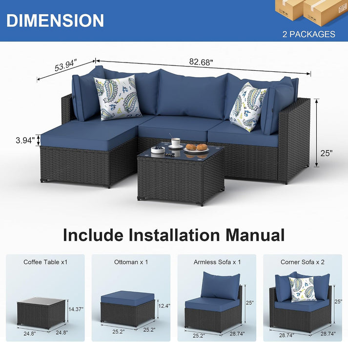 Patio Furniture Set, 5PCS Outdoor Sectional W/ Ottoman & Cushion, Navy Blue
