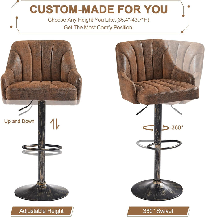 Bar Stools Set of 4, Adjustable Barstools, Counter Height Stools with Back and Arm, Kitchen Island Stools, Swivel PU Chairs for Pub, Dining Room, Industrial Style, Dark Brown
