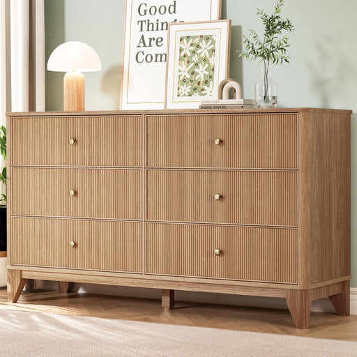Fluted 6 Drawers Dresser, 54" Wide Modern Chest of Drawers with round Corners, Wooden Dresser TV Stand, Wood Drawer Organizer for Bedroom, Living Room, Hallway