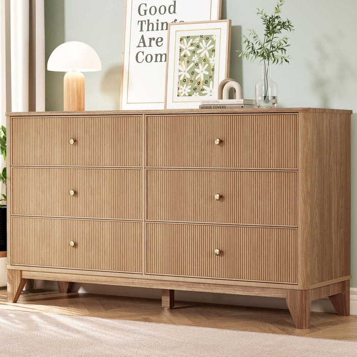 Fluted 6 Drawers Dresser, 54" Wide Modern Chest of Drawers with round Corners, Wooden Dresser TV Stand, Wood Drawer Organizer for Bedroom, Living Room, Hallway