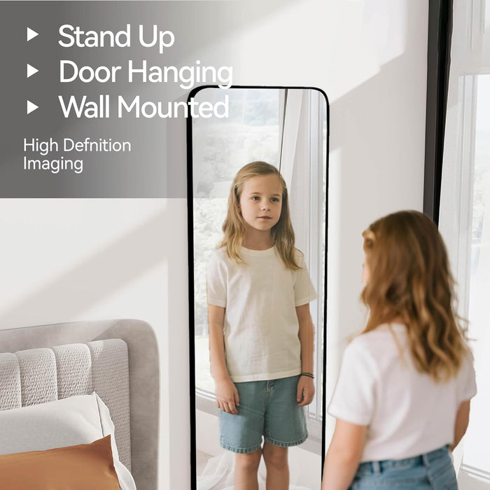 57X20 Door Hanging Full Length Mirror, Floor (Height 5.7Ft Just Body in 1.3Ft) or Wall Mounted Metal Frame Rectangle Dressing Mirrors for Bedroom Bathroom Living Room 57 Inch Black