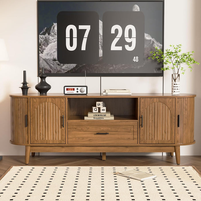63" Fluted TV Stand for Tvs up to 70", Mid-Century Modern Entertainment Center with Drawers and Fluted Doors, Curved TV Media Console Table with Sliding Doors for Living Room, Bedroom (63")