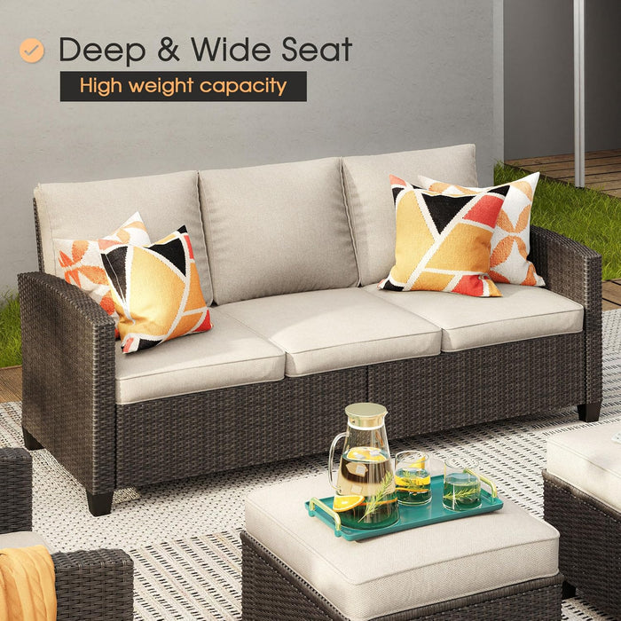 8 Pieces Patio Furniture Set with 45-Inch Firepit, Outdoor Wicker Conversation Set with 3-Seat Sofa, 4 Single Wicker Sofa and Metal Top Firepit with 2 Ottoman for Garden, Yard, Beige Cushion