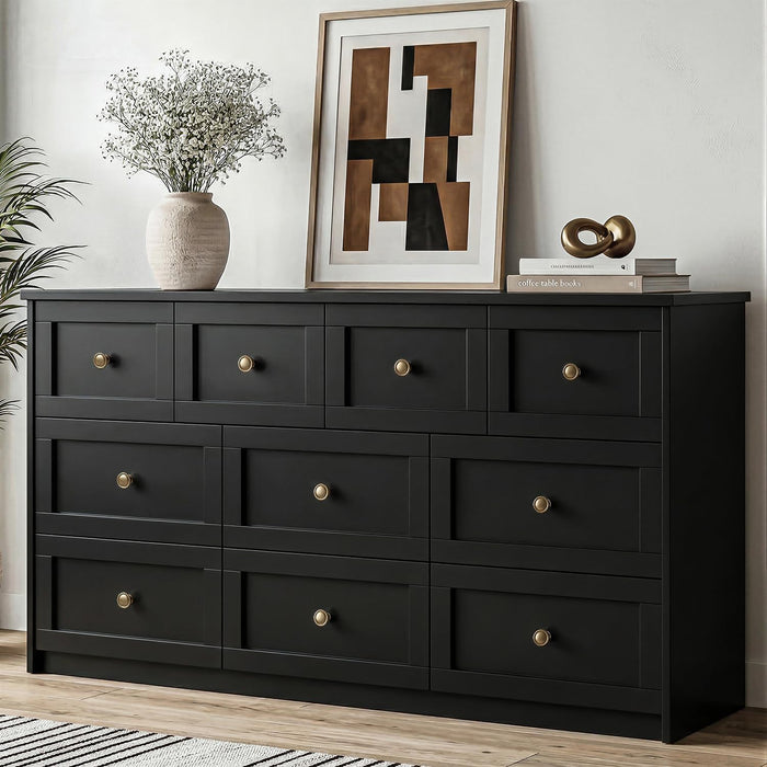 59" Wide Black 10 Drawer Dresser for Bedroom with Gold Metal Handle