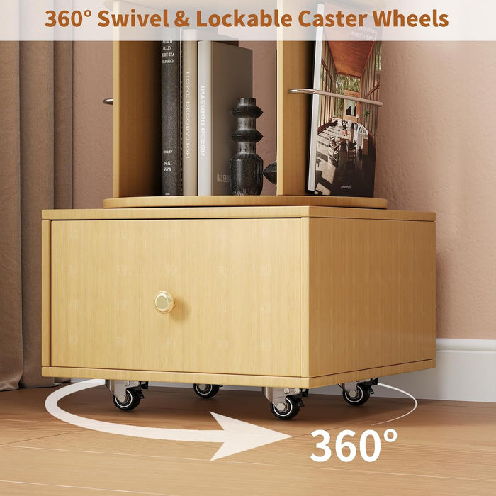 5-Tier Wood Rotating Bookshelf with Drawer & Lockable Wheels, Natural