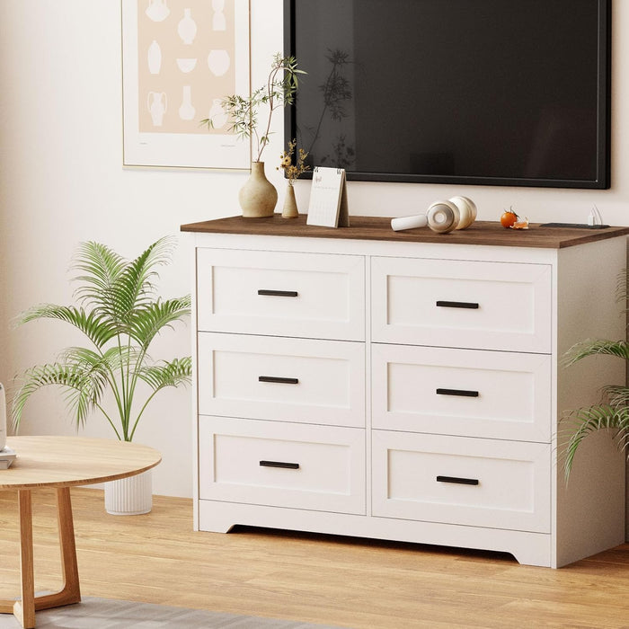 Farmhouse Dresser for Bedroom 6 Drawers Dresser with Power Outlets Rustic Chest of Drawers with Natural Texture White Organizer for Living Room Hallway