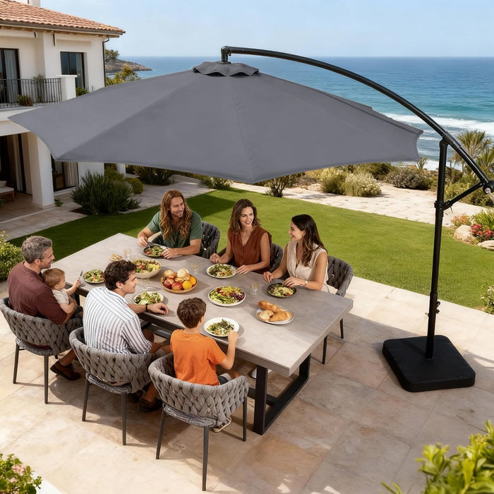 10FT Patio Umbrella with Base Included, Cantilever Offset Outdoor Patio Umbrella with 360° Rotation & Infinite Tilt, Fade-Resistant Yarn-Dyed Canopy, 8-Rib Steel Frame for Patio Pool Deck Backyard, Charcoal