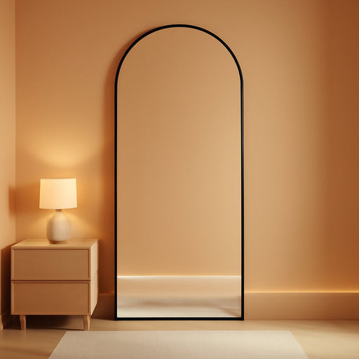 76"X34" Arched Full Length Mirror with Stand, Free Standing Leaning Wall Mounted Aluminum Alloy Frame Mirror for Bedroom Living Room Cloakroom, Black