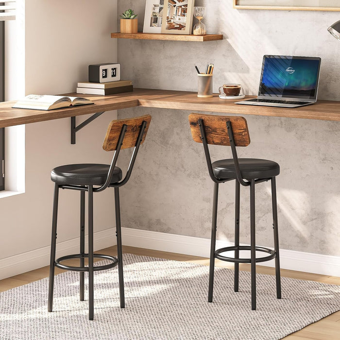 Bar Stools, Bar Stools Set of 2 with PU Upholstered, Bar Chairs with Footrest and Back, 26" Bar Stools for Kitchen Island, Dining Room, Easy to Assemble, Rustic Brown and Black BF31BY01G1