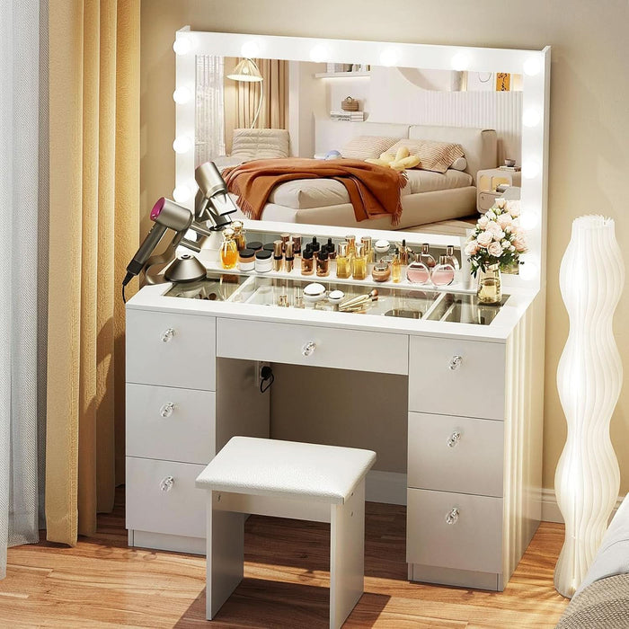 Vanity with Lighted Mirror - Makeup Vanity Desk with Glass Top, 7 Drawers and Power Outlet, 3 Color Lighting Modes Adjustable Brightness, 44" Vanity Table with Stool for Women Girls, White