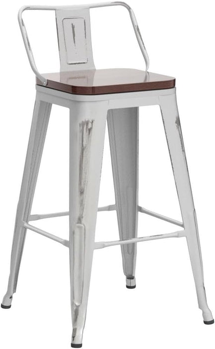 24" Swivel Metal Barstools Set of 4, Counter Height Bar Stools Industrial Bar Chairs with Modern Wooden Top-Low Back, Distressed White