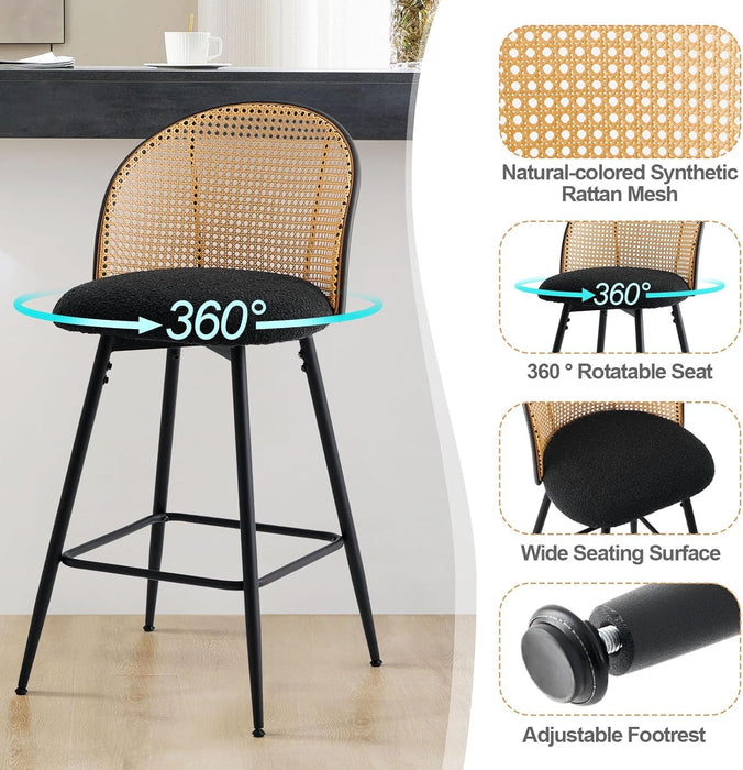 Swivel Counter Height Bar Stools Set of 3, Mid Century Modern 26" Bar Chairs with Rattan Back & Metal Legs, Upholstered Boucle Fabric Barstools Island Stools for Kitchen Counter Home Bar,Black