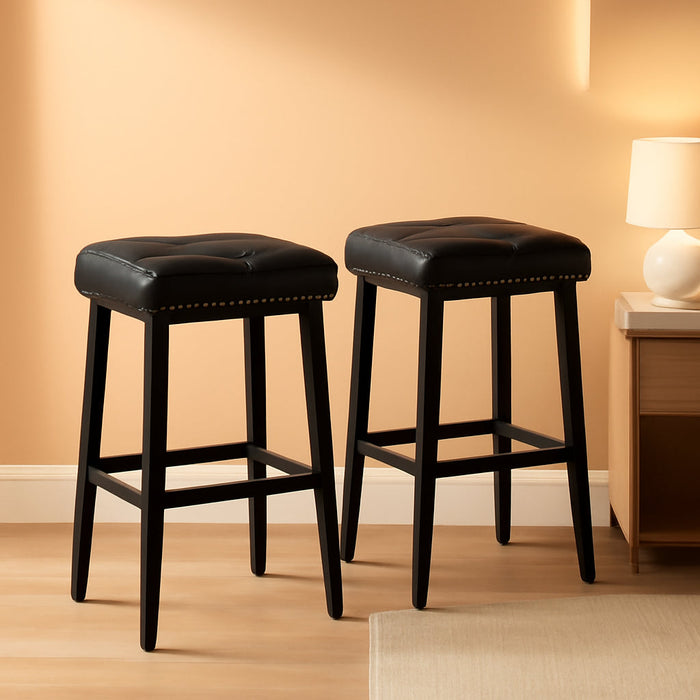 25 Inch Counter Height Stools for Kitchen Island, Bar Stools Set of 2, Kitchen Stools with 3.3'' Thick PU Upholstered Saddle Seats, Backless Barstools Bar Chairs with Metal Base, Black
