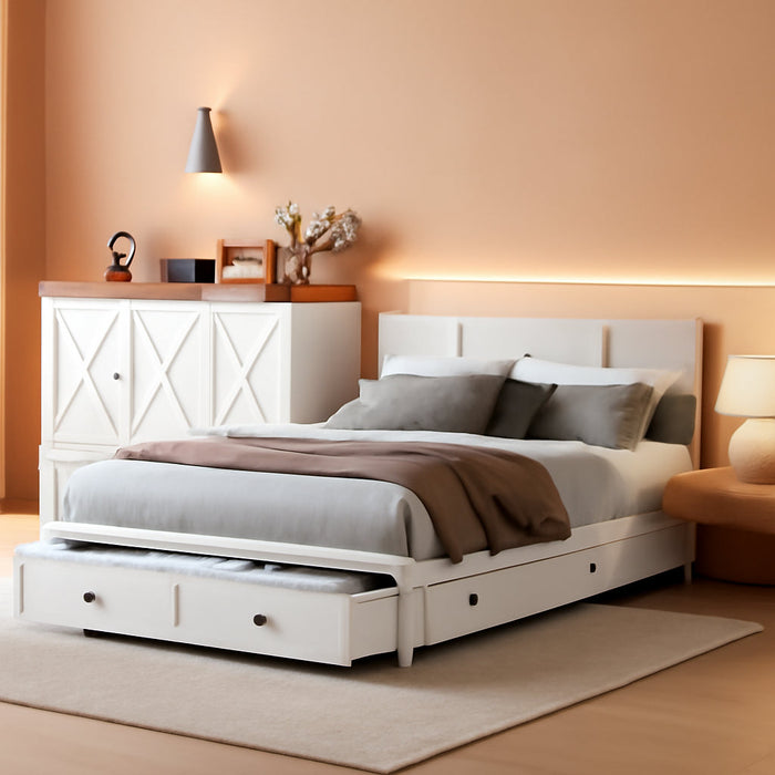 Queen Murphy Bed with Storage & Multifunctional Charging Station, Farmhouse Murphy Cabinet Bed with Foldable Panel, Space-Saving Beds for Guest Bedroom, Living Room-White & Brown,With Mattress