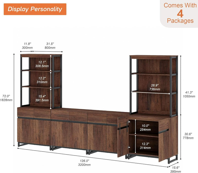 Modern TV Stand with 3 Tiers Bookshelf, Farmhouse Entertainment Center with 4 Large Storage Cabinets and Adjustable Shelf, Wooden Media TV Console with Black Metal Leg for Living Room, Brown
