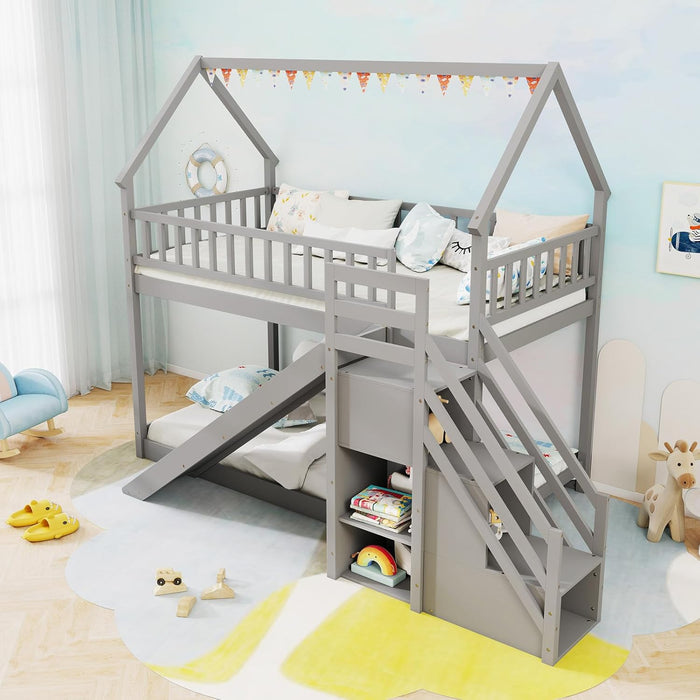 House Bunk Bed Twin over Twin with Slide & Stairs, Wood Bunk Bed with Storage Shelves, No Box Spring Needed, Twin Floor Bed for Kids Teens Boys Girls (Grey)