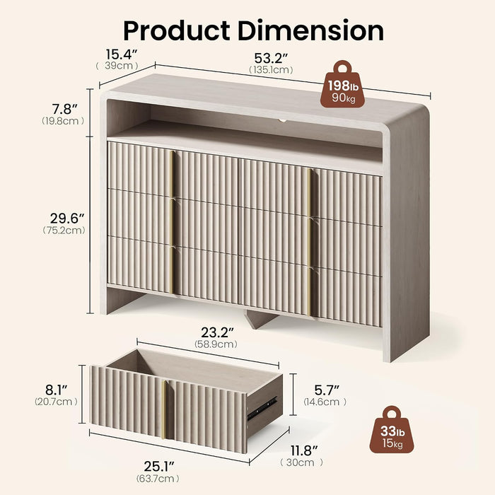 53.2" Fluted 6 Drawer Dresser with Open Shelf, Grey