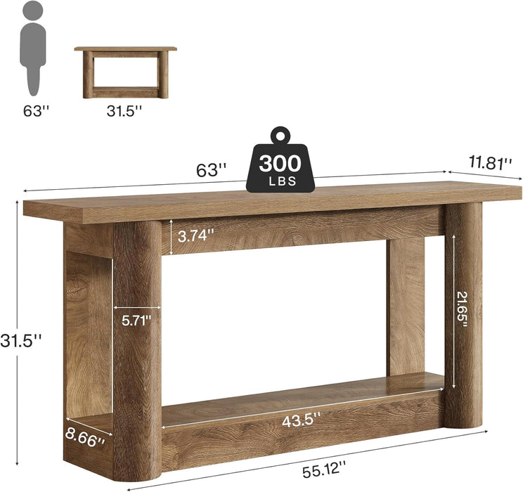 63-Inch Farmhouse Console Table, 2-Tier Storage Sofa Table behind the Couch, Narrow Long Entryway Furniture for Home Hallway, Entrance, Living Room, Brown