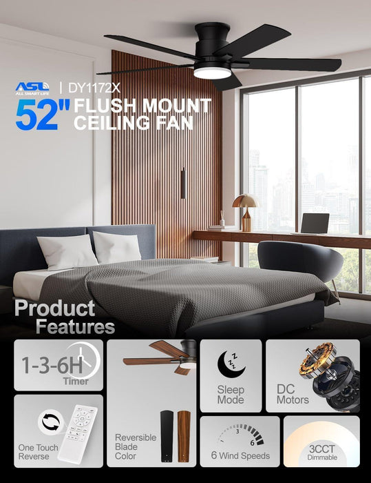 Ceiling Fans with Lights 52 Inch, Flush Mount, Remote Control, 3CCT Dimmable, 6 Speeds, Quiet Reversible DC Motor, Low Profile Hugger Black Ceiling Fan for Bedroom, Living Room, Indoor/Outdoor, ETL