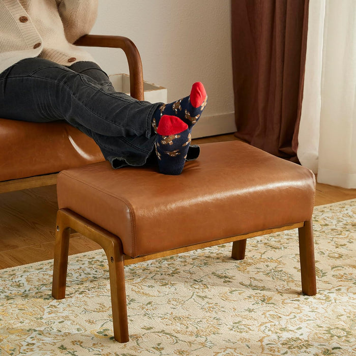 15.5"(H) Footrest Stool, Leatherette Ottoman, Accent Padded Sofa Foot Stool for Accent Chair, Wood Frame Foot Rest Ottoman for Living Room, Bedroom, Yellowish-Brown