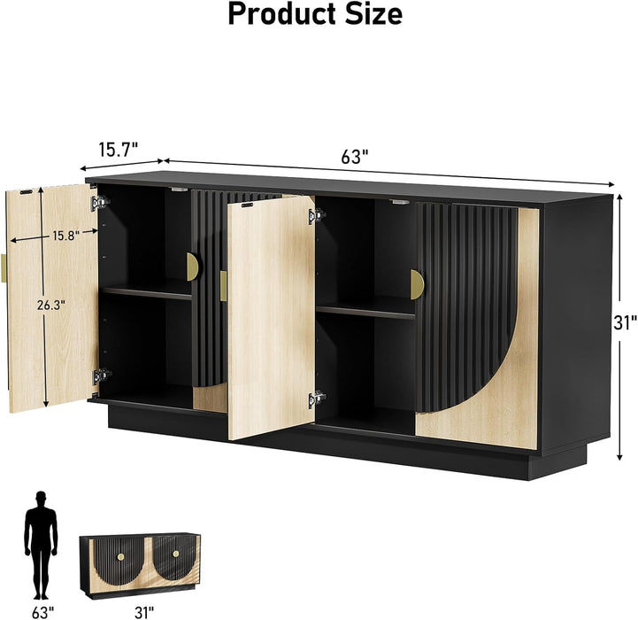63 Inch Fluted Buffet Cabinet with Storage, Symmetrical Arc Accent Sideboard Large Console Table for Living Room,Dining Room or Kitchen(Camel/Black)