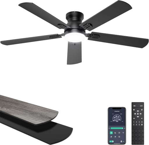 Ceiling Fans with Lights, 52 Inch Low Profile Ceiling Fan with Light and Remote/App Control, Flush Mount, Dimmable, Qiuet DC Motor, Black Ceiling Fan for Bedroom, Living Room