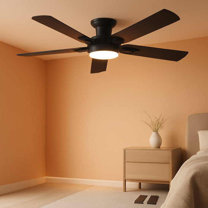 Ceiling Fans with Lights, 52 Inch Low Profile Ceiling Fan with Light and Remote/App Control, Flush Mount, Dimmable, Qiuet DC Motor, Black Ceiling Fan for Bedroom, Living Room