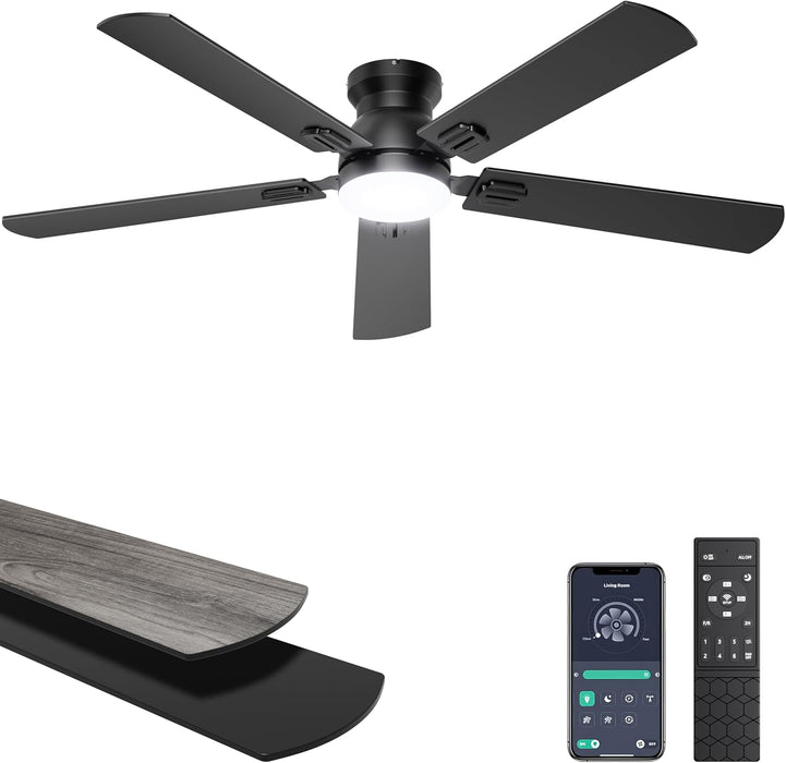 Ceiling Fans with Lights, 52 Inch Low Profile Ceiling Fan with Light and Remote/App Control, Flush Mount, Dimmable, Qiuet DC Motor, Black Ceiling Fan for Bedroom, Living Room
