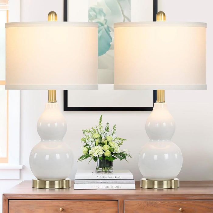 Double Gourd Ceramic Table Lamps Set of 2, Modern White Bedside Lamps for Night Stand, Contemporary Nightstand Lamps for Bedroom Living Room (Bulb Included)