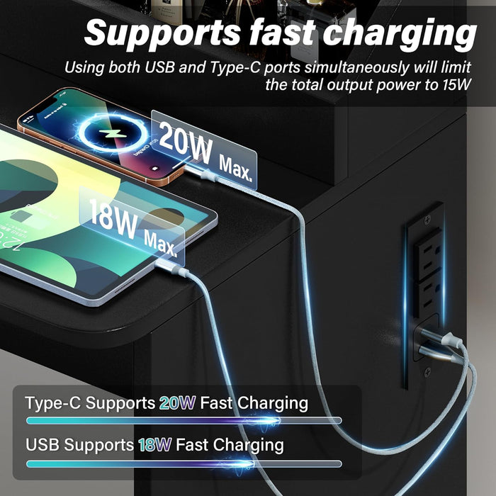 Vanity Desk with Lights and Mirror, L Shaped Makeup Table, Dresser with Hairdryer Holder and Power Outlet, Adjustable 3 Lighting Modes, 5 Drawers and Adjustabled Open Storage Shelves, Black