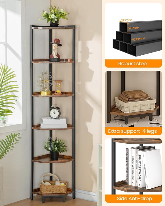 Corner Shelf Stand, Corner Bookshelf, Storage Standing Shelf Unit with Metal Frame, Plant Stand, Corner Bookcase for Living Room, Home Office, Bedroom, 6-Tier Rustic Brown CS06001B
