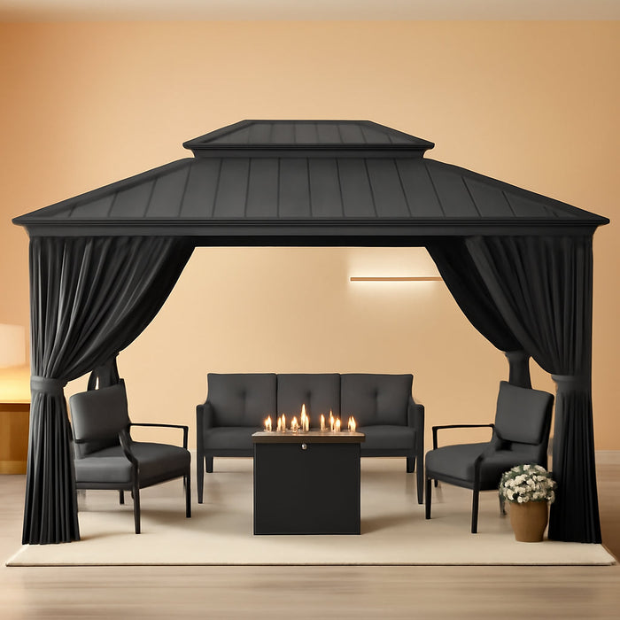 12x14 Gray Hardtop Gazebo Outdoor Weatherproof Netting