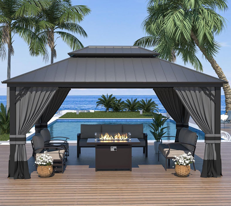 12x14 Gray Hardtop Gazebo Outdoor Weatherproof Netting