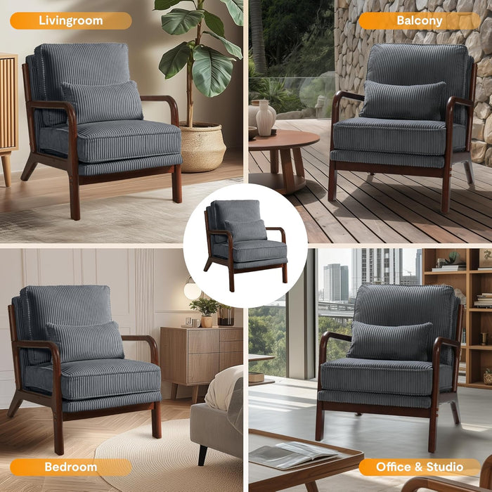 AC1 Accent Chair, Mid-Century Modern Armchair with Wood Frame, Comfy Corduroy Upholstered Reading Chair with Lumbar Pillow, 8" Thick Cushion for Living Room Bedroom Sunroom(Grey)