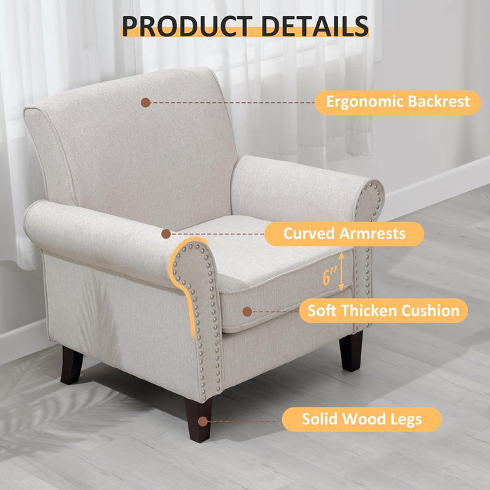 Comfy Accent Chair, Mid-Century Modern Fabric Living Room Chair Reading Chair with Soft Cushion, Nailhead Trim & Rolled Armrest, Arm Chair Sofa Chairs for Bedroom Waiting Room Office, Beige