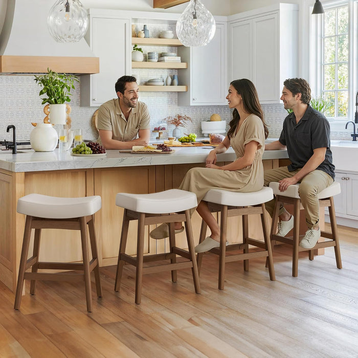 Bar Stools Set of 4, Barstools with Sturdy Wood Legs, Saddle Seat Counter Height Bar Stools for Kitchen Counter, Bar, Dining, 24 Inch Farmhouse Counter Stools, Antique White Leather