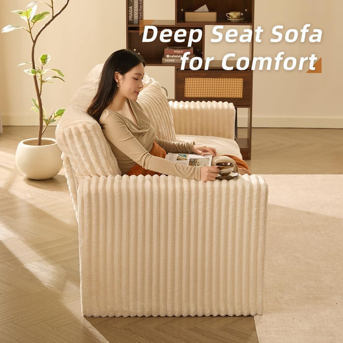 White Eighty Inch Corduroy Upholstered Sofa Cushions