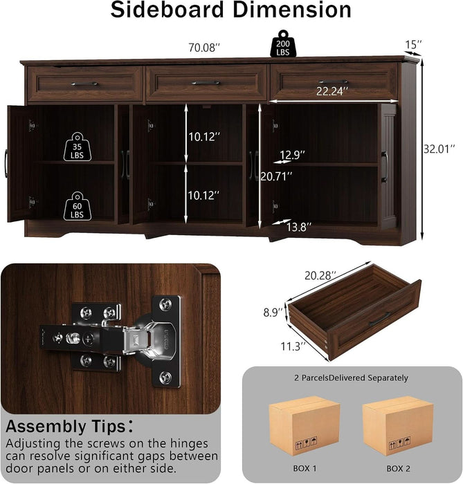 70" Buffet Cabinet with Storage, Large Modern Farmhouse Sideboard