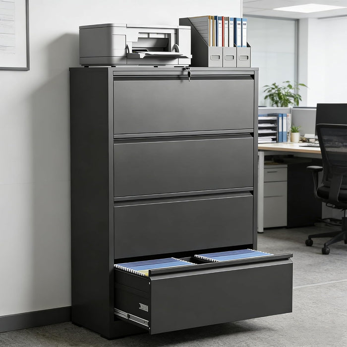 4 Drawer Lateral File Cabinet with Lock, Heavy Duty Wide Steel Filing Cabinet for Home Office, 36" W Horizontal Storage Cabinet for Letter/Legal/A4/F4 Hanging Files, Easy Assembly (Black)