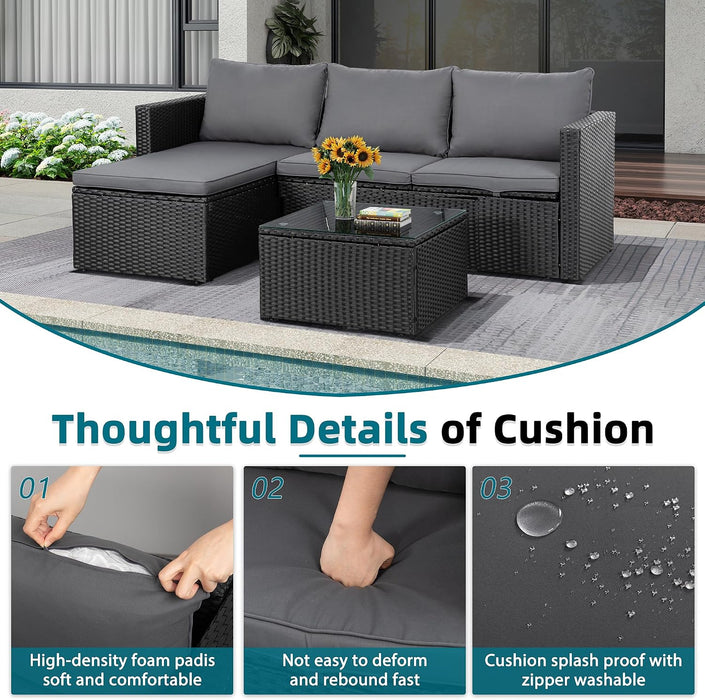 Patio Furniture Set with Detachable Soft Cushions, Outdoor PE Rattan Patio Conversation Sofa Set, 3-Piece Patio Sectional Sofa with Glass Coffee Table (Black Rattan&Charcoal)