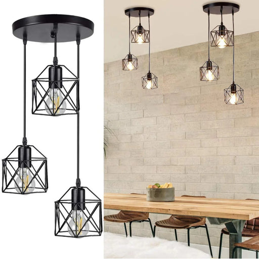 Industrial 3-Light Pendant Light, Adjustable Flush Mount Ceiling Lighting for Kitchen Island Living Room Bedroom Hallway, Vintage Hanging Pendant Lights Fixture with Metal Cage Shade, Black