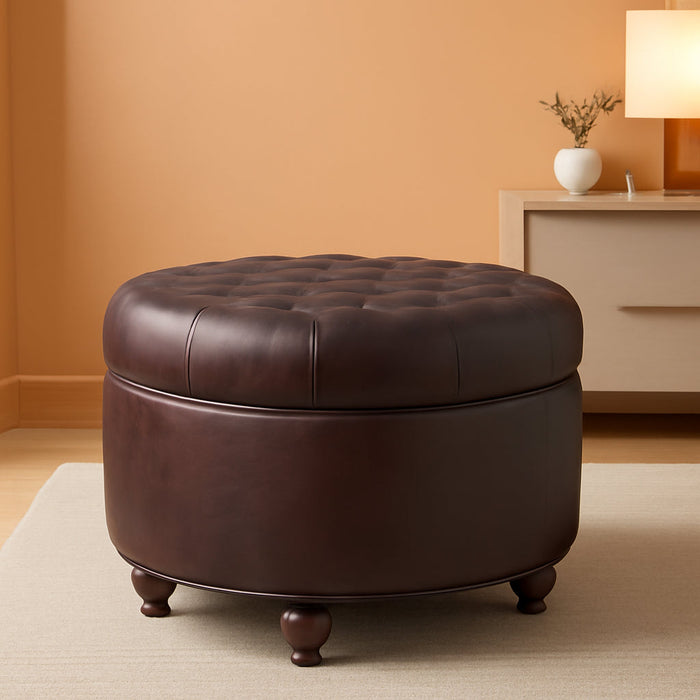 Home Decor | Button Tufted Faux Leather round Storage Ottoman | Ottoman with Storage for Living Room & Bedroom (Distressed Brown)